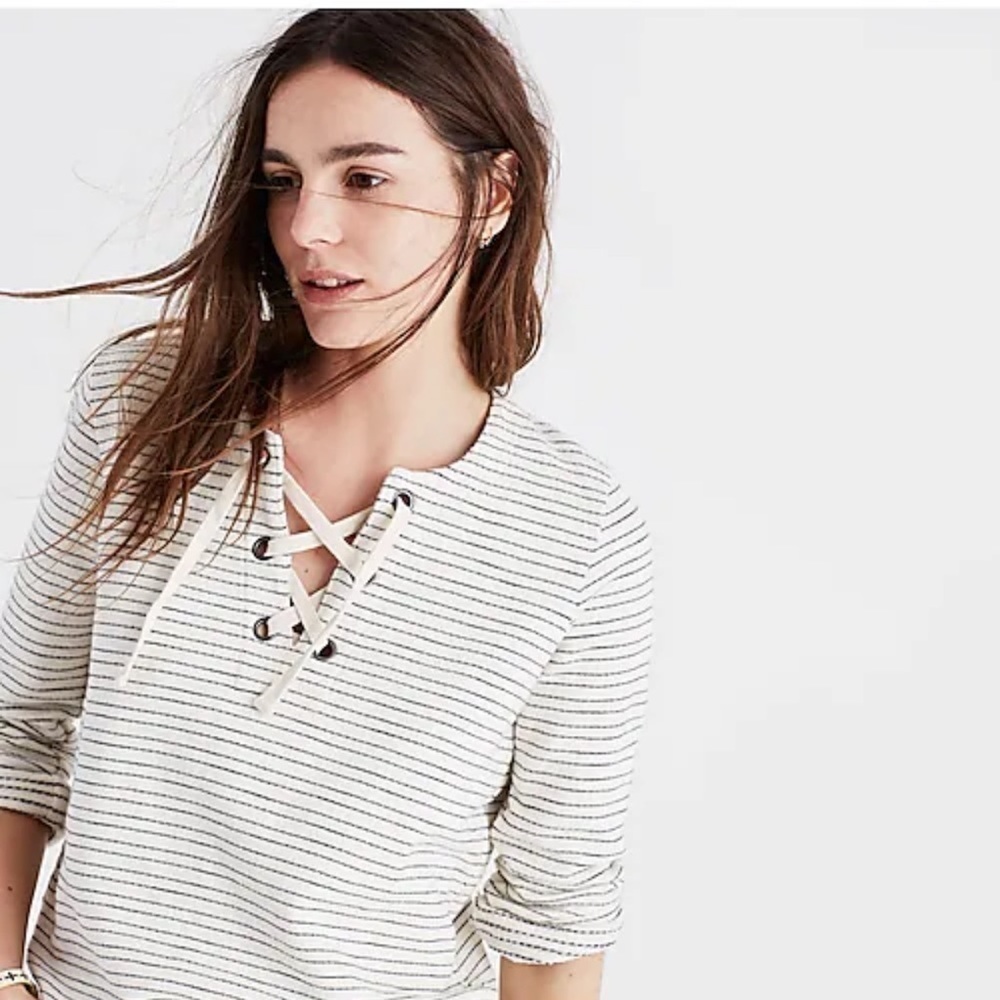 Madewell‎ striped lace up top 100% Cotton Terry sweatshirt Sz XS